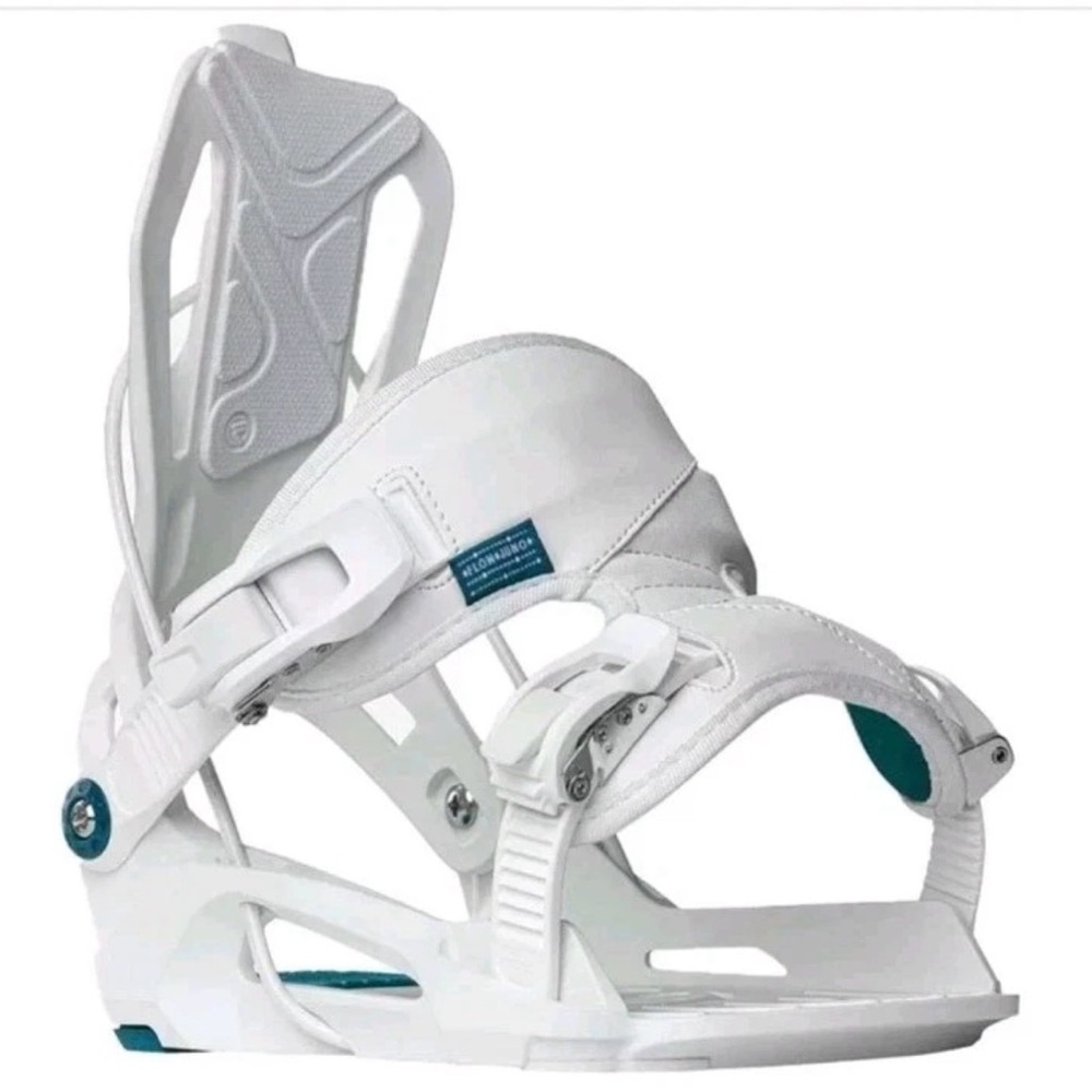 White Snowboard Bindings - Teal Accents